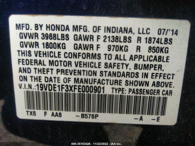 19VDE1F3XFE000901 Acura ILX