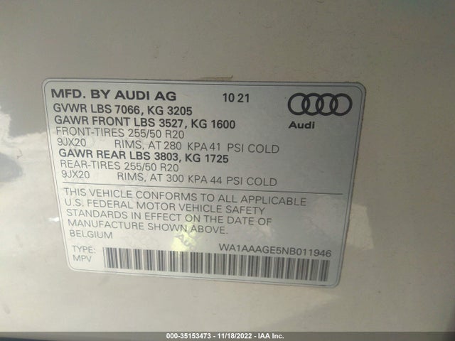 2022 Audi e-tron, VIN: WA1AAAGE5NB011946