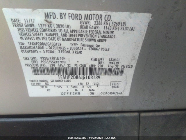 2018 Ford Taurus, VIN: 1FAHP2D86JG103139