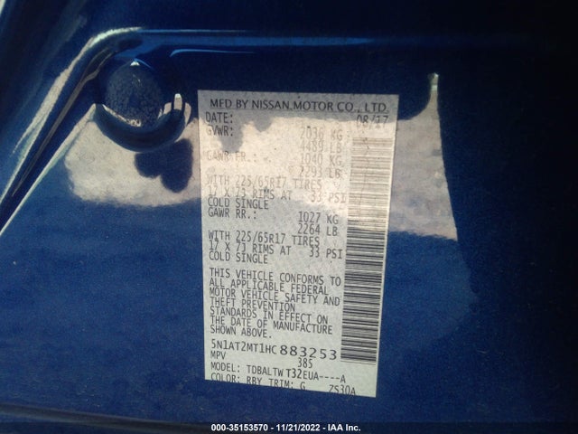 2017 NISSAN ROGUE SV VIN: 5N1AT2MT1HC883253