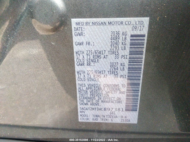 2017 NISSAN ROGUE SV VIN: 5N1AT2MT3HC897381