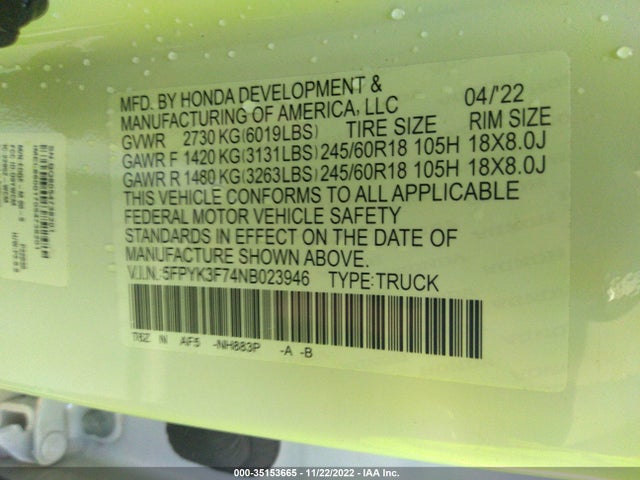 2022 Honda Ridgeline, VIN: 5FPYK3F74NB023946