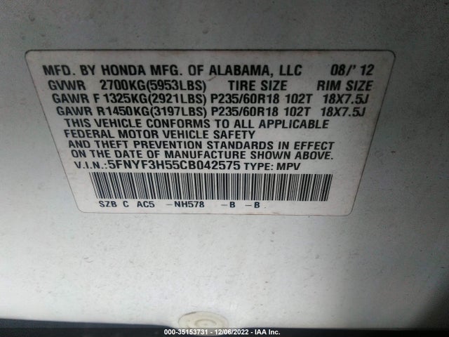 2012 HONDA PILOT EX-L VIN: 5FNYF3H55CB042575
