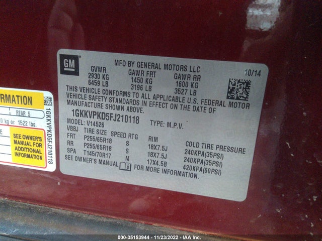 GMC ACADIA SLE 2015 1GKKVPKD5FJ210118 Image 10