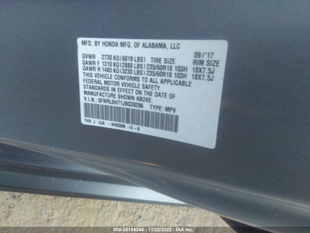 2018 Honda Odyssey, VIN: 5FNRL6H71JB039296