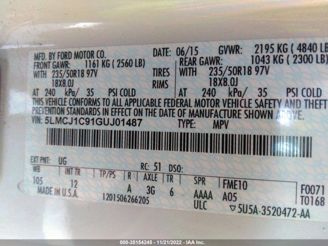2016 LINCOLN MKC PREMIER VIN: 5LMCJ1C91GUJ01487