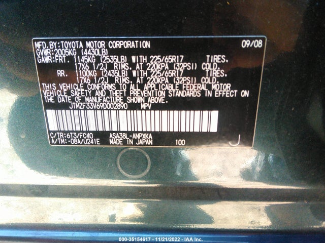 Aukcja sprzedaży 2009 Toyota Rav4, vin: JTMZF33V69D002890, numer aukcji: 35154617