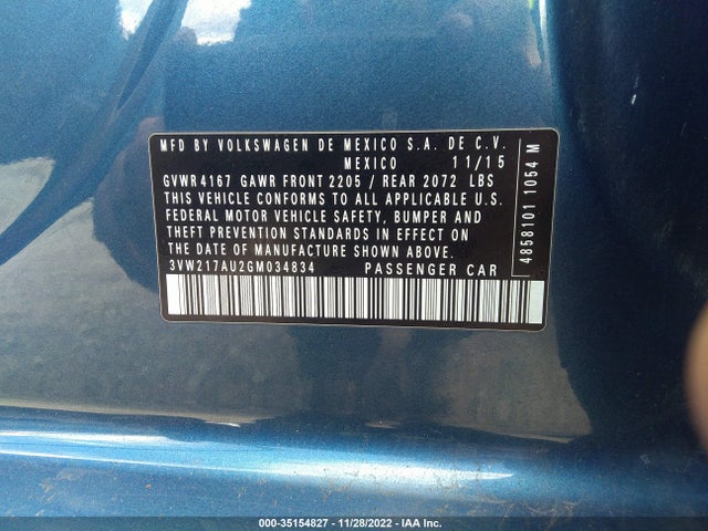 2016 Volkswagen Golf, VIN: 3VW217AU2GM034834