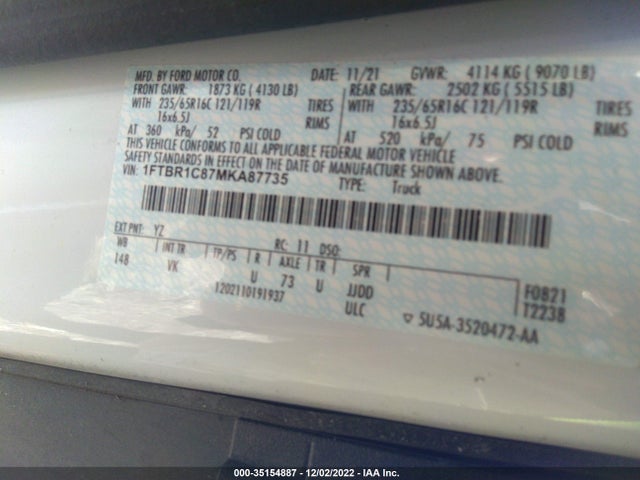 2021 Ford Transit, VIN: 1FTBR1C87MKA87735