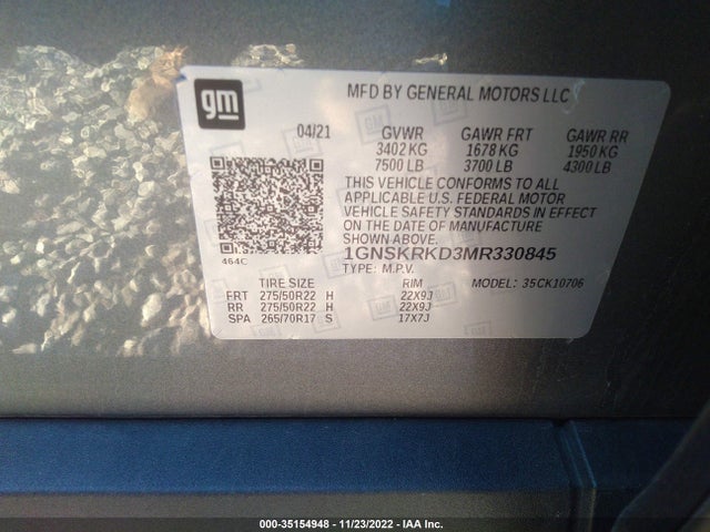 2021 Chevrolet Tahoe, VIN: 1GNSKRKD3MR330845