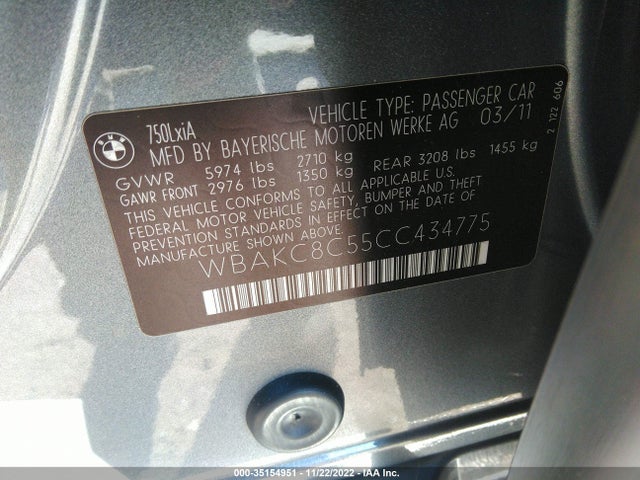 2012 BMW 7 SERIES 750LI XDRIVE VIN: WBAKC8C55CC434775