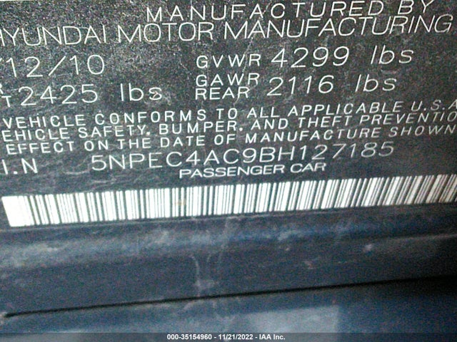 2011 HYUNDAI SONATA SE VIN: 5NPEC4AC9BH127185