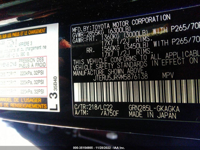 2021 Toyota 4Runner, VIN: JTERU5JR9M5876138