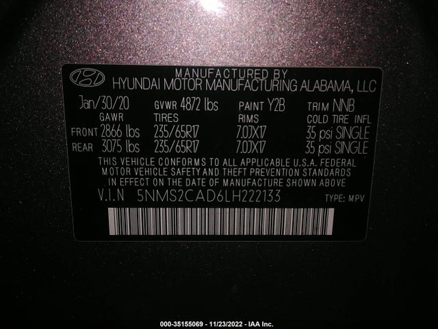 2020 Hyundai Santa Fe, VIN: 5NMS2CAD6LH222133