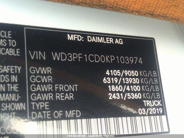 2019 Mercedes-Benz Sprinter, VIN: WD3PF1CD0KP103974