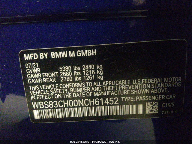 2022 BMW M5, VIN: WBS83CH00NCH61452