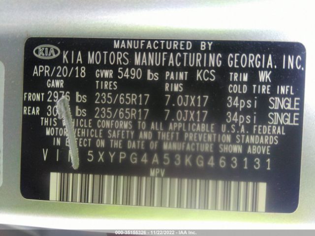 5XYPG4A53KG463131 KIA Sorento Lx V6