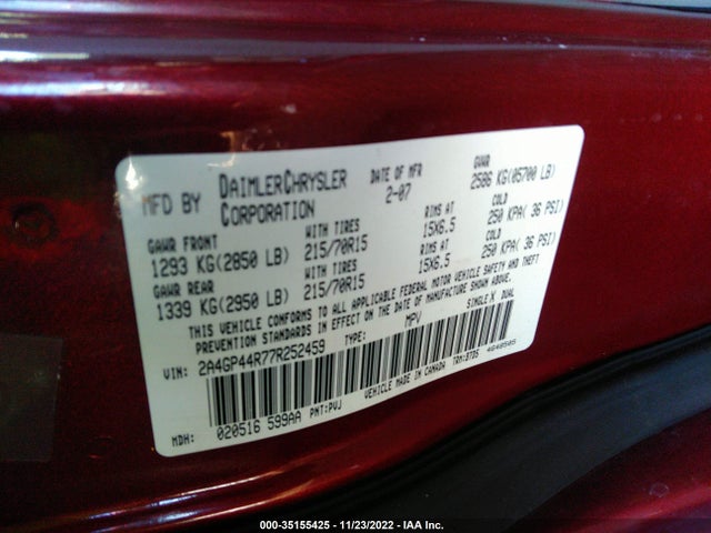 2007 CHRYSLER TOWN & COUNTRY LWB LX VIN: 2A4GP44R77R252459