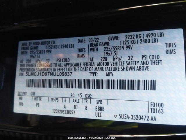 2022 Lincoln Corsair, VIN: 5LMCJ1D97NUL09837