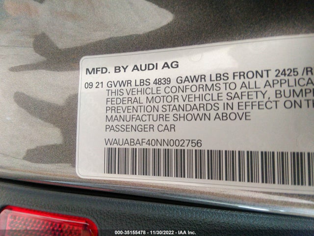 2022 Audi A4, VIN: WAUABAF40NN002756