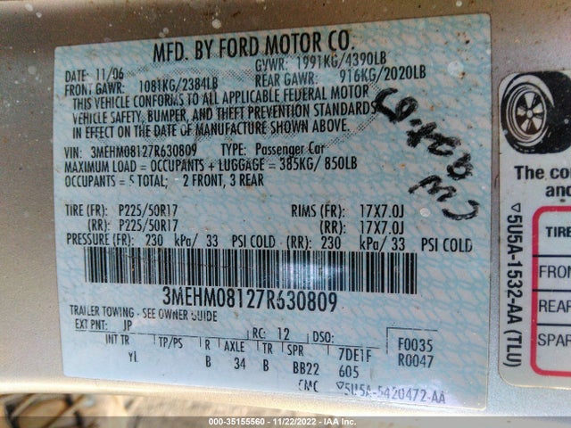 2007 MERCURY MILAN PREMIER VIN: 3MEHM08127R630809