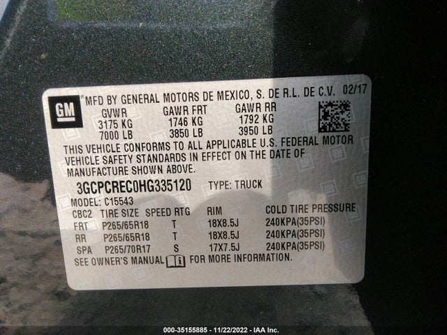 2017 CHEVROLET SILVERADO 1500 LT VIN: 3GCPCREC0HG335120