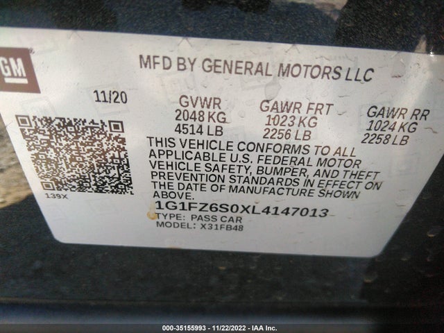 2020 Chevrolet Bolt EV, VIN: 1G1FZ6S0XL4147013