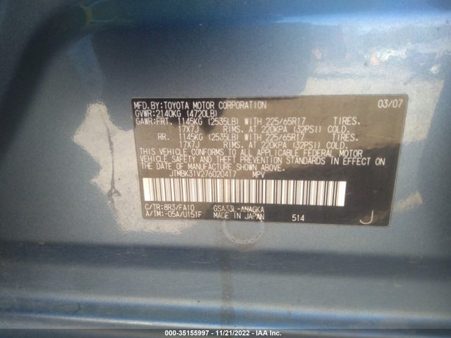 2007 TOYOTA RAV4 LIMITED VIN: JTMBK31V276020417