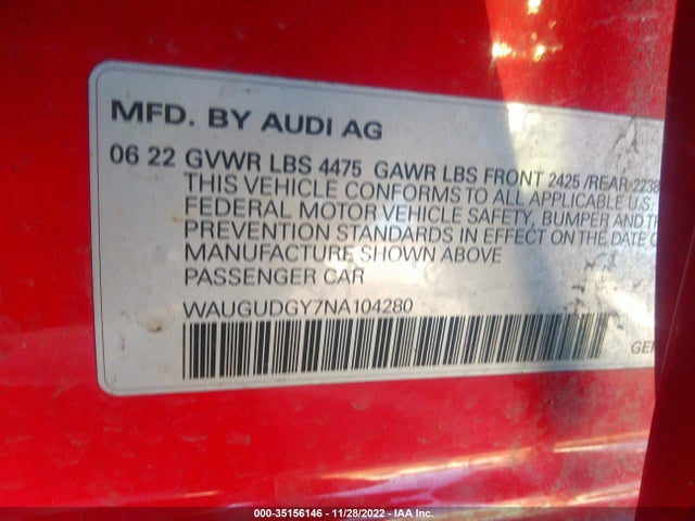 2022 Audi A3, VIN: WAUGUDGY7NA104280