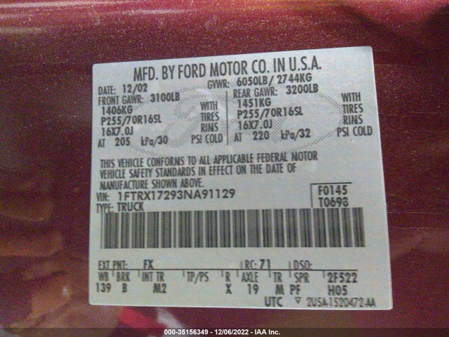 2003 FORD F-150 XL/XLT/XLT HERITAGE VIN: 1FTRX17293NA91129