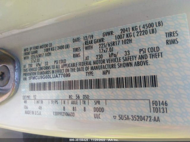1FMCU9G60LUA77699 Ford ESCAPE SE
