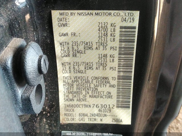 2019 Nissan Frontier, VIN: 1N6BD0CT9KN763012
