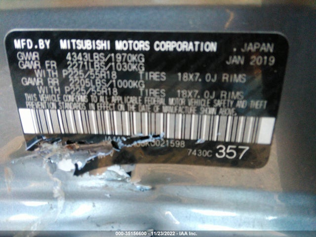 2019 Mitsubishi Outlander, VIN: JA4AP3AU0KU021598