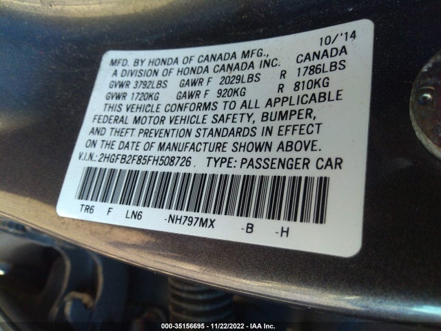 2015 HONDA CIVIC SEDAN EX VIN: 2HGFB2F85FH508726
