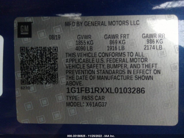 2020 Chevrolet Camaro, VIN: 1G1FB1RXXL0103286
