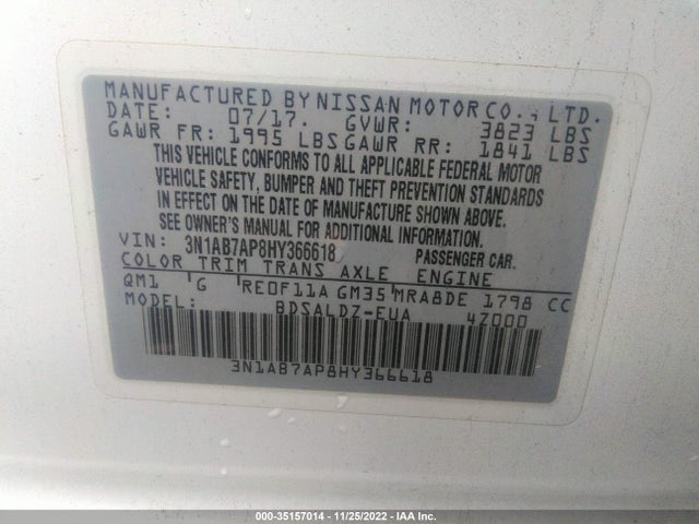 2017 NISSAN SENTRA SV VIN: 3N1AB7AP8HY366618