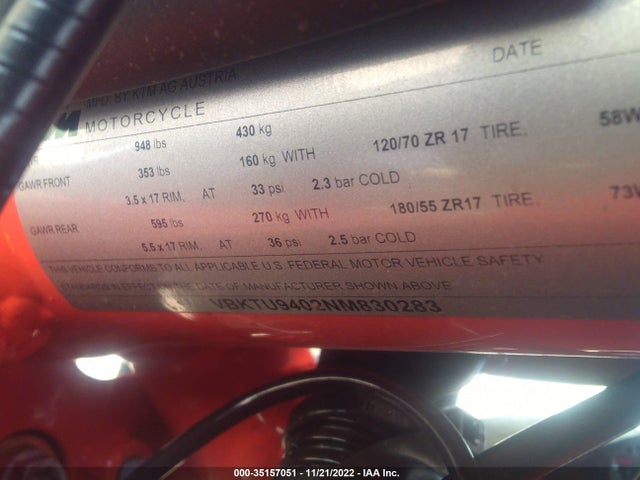 2022 KTM 890 DUKE R VIN: VBKTU9402NM830283