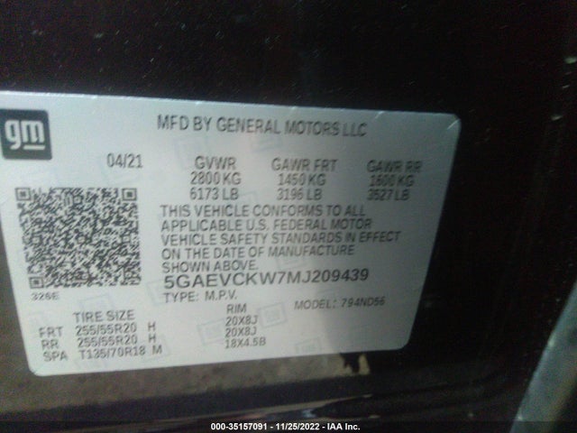2021 BUICK ENCLAVE AVENIR VIN: 5GAEVCKW7MJ209439