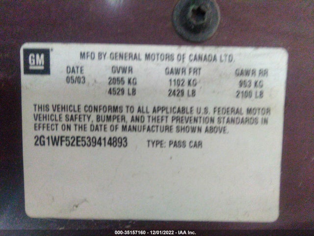2003 CHEVROLET IMPALA VIN: 2G1WF52E539414893