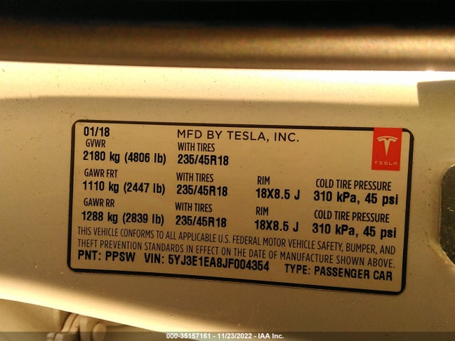 Tesla MODEL 3 2018 5YJ3E1EA8JF004354 Image 10