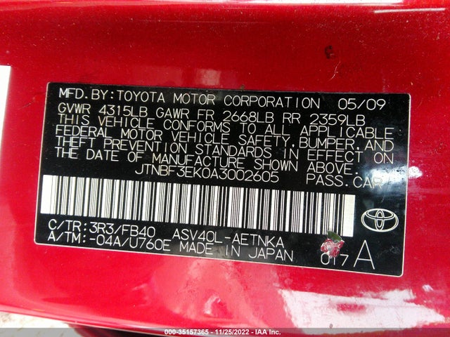 35157365 :رقم المزاد ، JTNBF3EK0A3002605 vin ، 2010 Toyota Camry مزاد بيع