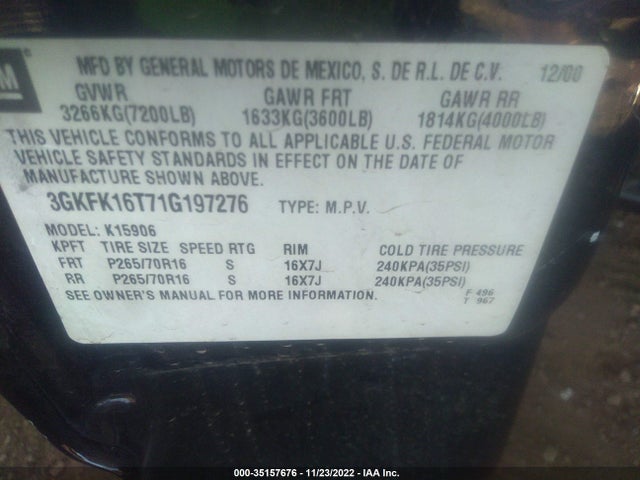 GMC Yukon Xl Slt 2001 3GKFK16T71G197276 Image 10