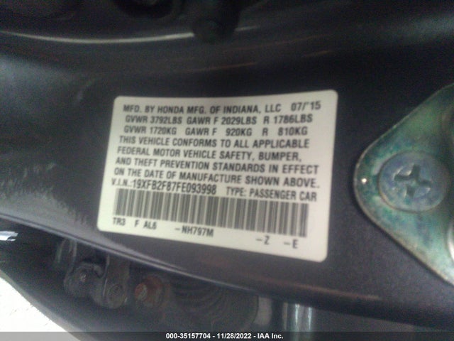 2015 HONDA CIVIC SEDAN EX VIN: 19XFB2F87FE093998