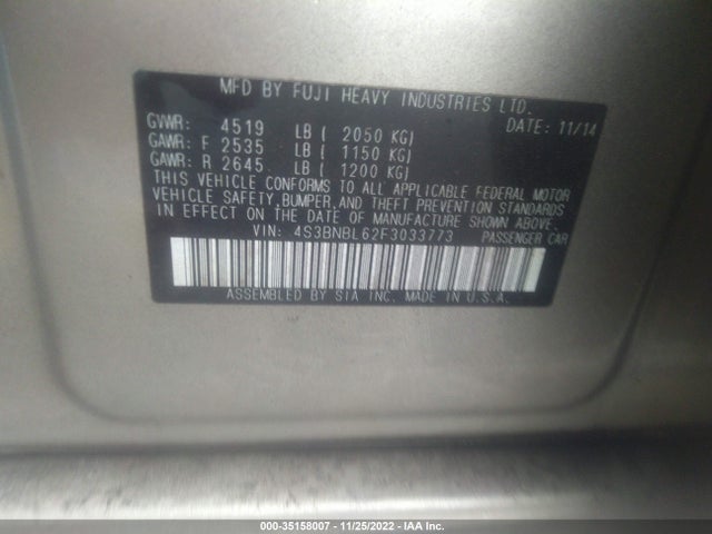 2015 SUBARU LEGACY 2.5I LIMITED VIN: 4S3BNBL62F3033773