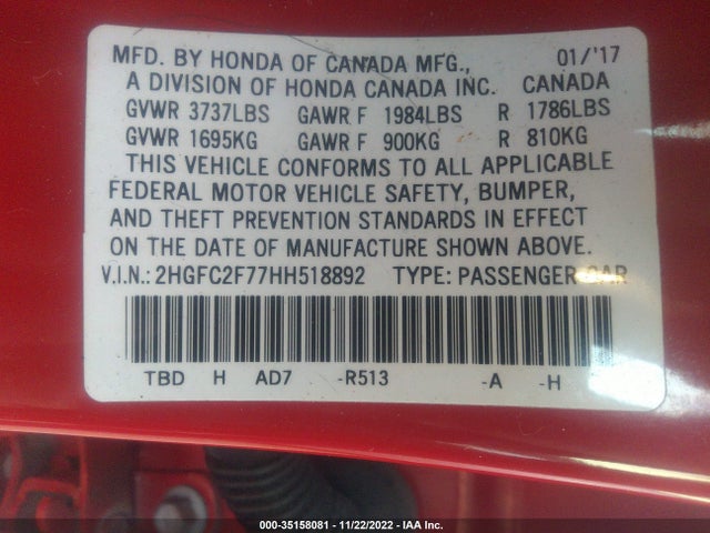 Honda CIVIC SEDAN 2017 2HGFC2F77HH518892 Image 10