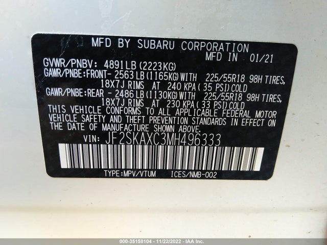 2021 Subaru Forester, VIN: JF2SKAXC3MH496333