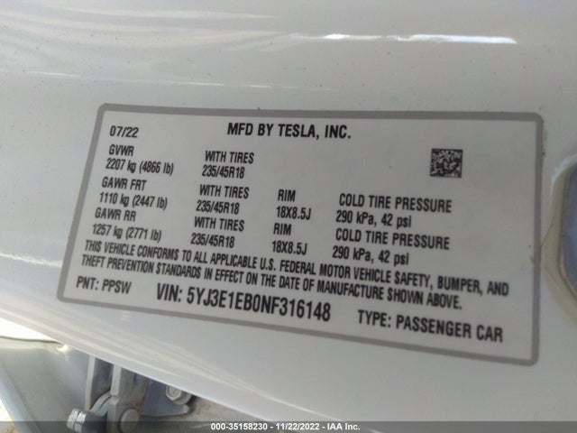 2022 TESLA MODEL 3 LONG RANGE VIN: 5YJ3E1EB0NF316148