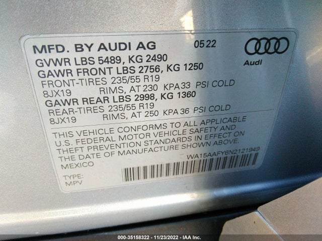 2022 Audi Q5, VIN: WA15AAFY6N2121949