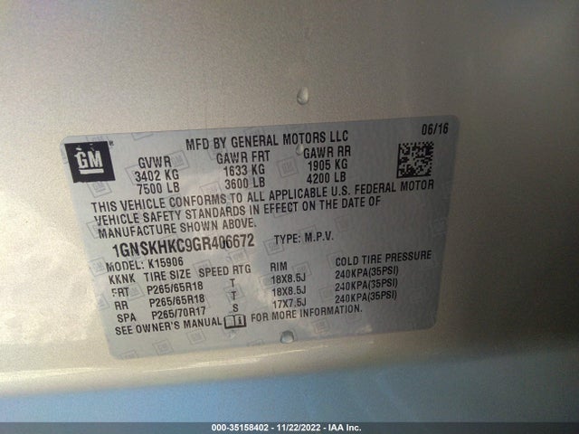 2016 Chevrolet Suburban, VIN: 1GNSKHKC9GR406672