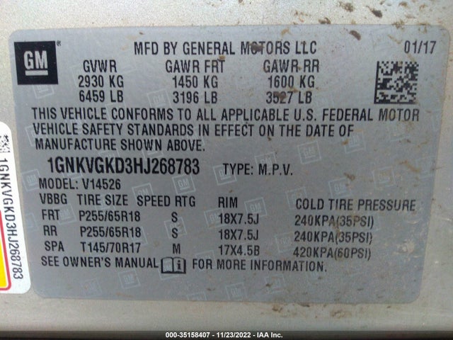 2017 Chevrolet Traverse, VIN: 1GNKVGKD3HJ268783